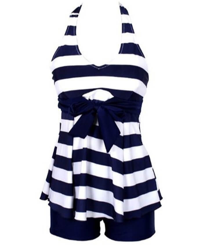 Open Back Striped Bowknot Front Swimwear Top and Shorts
